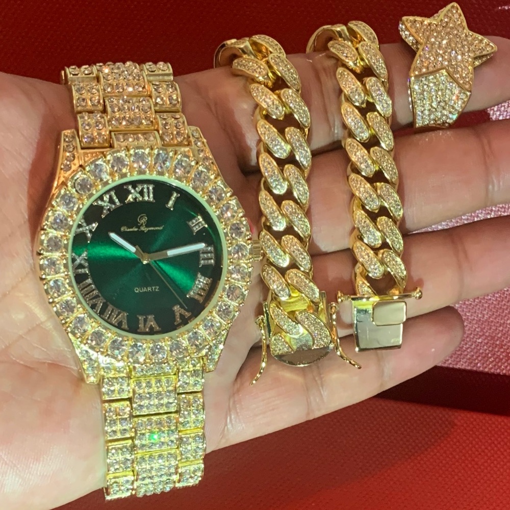 Men’s 14K Stamped Gold Plated Watch&bracelet&Ring
